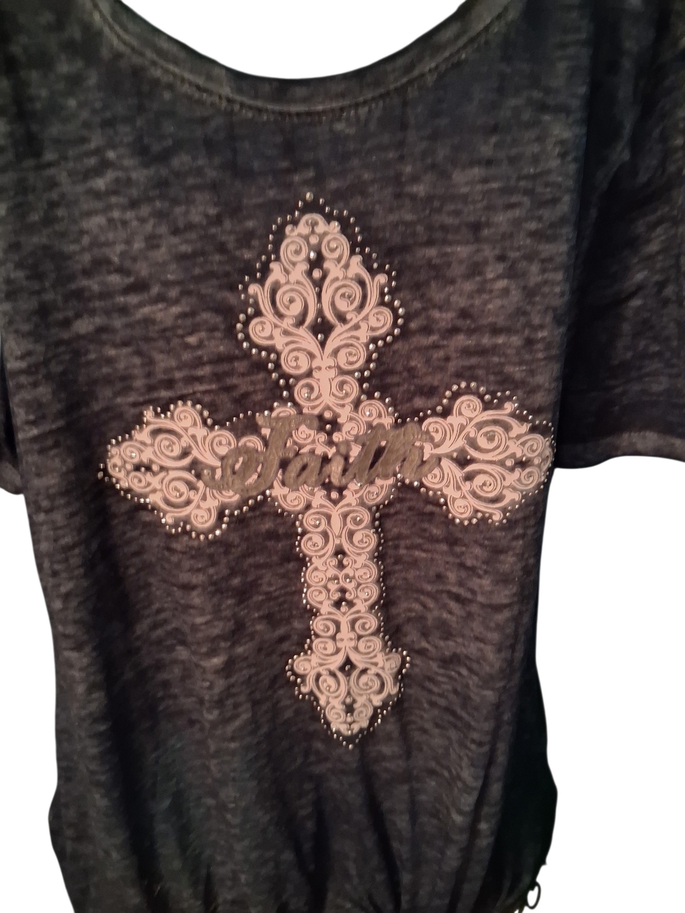 Est. 1848 Women's Velvet BlueShort Sleeve Top with Decorative Cross - Picture 2 of 5